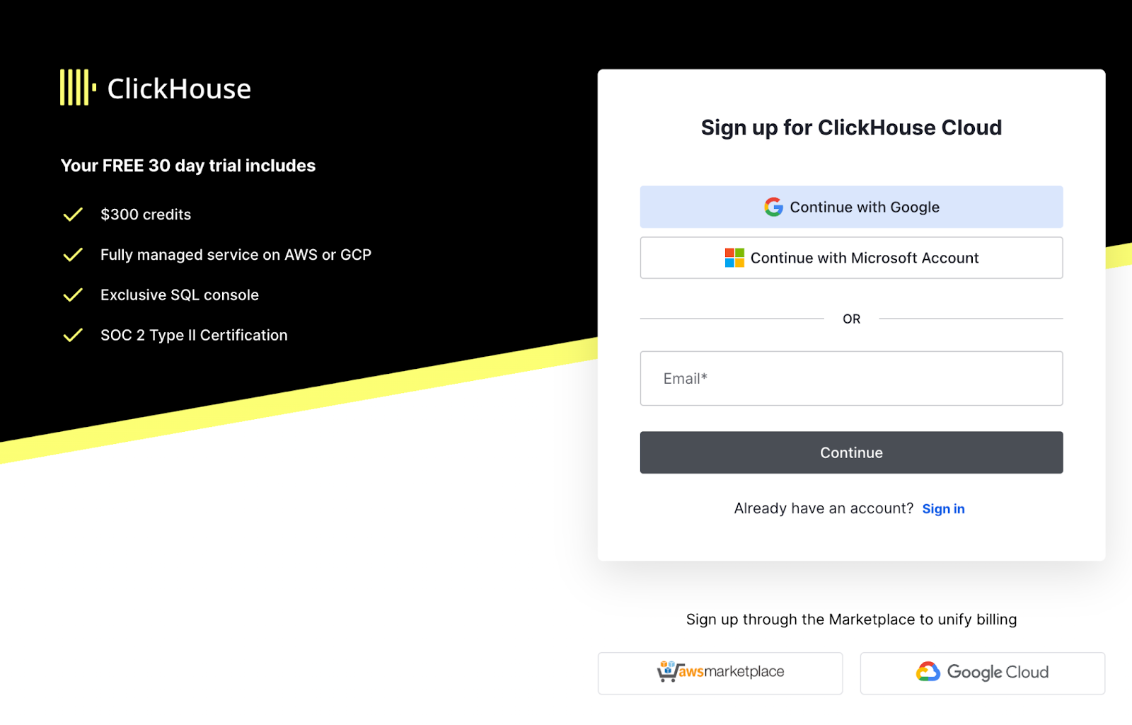 Страница регистрации в ClickHouse Cloud