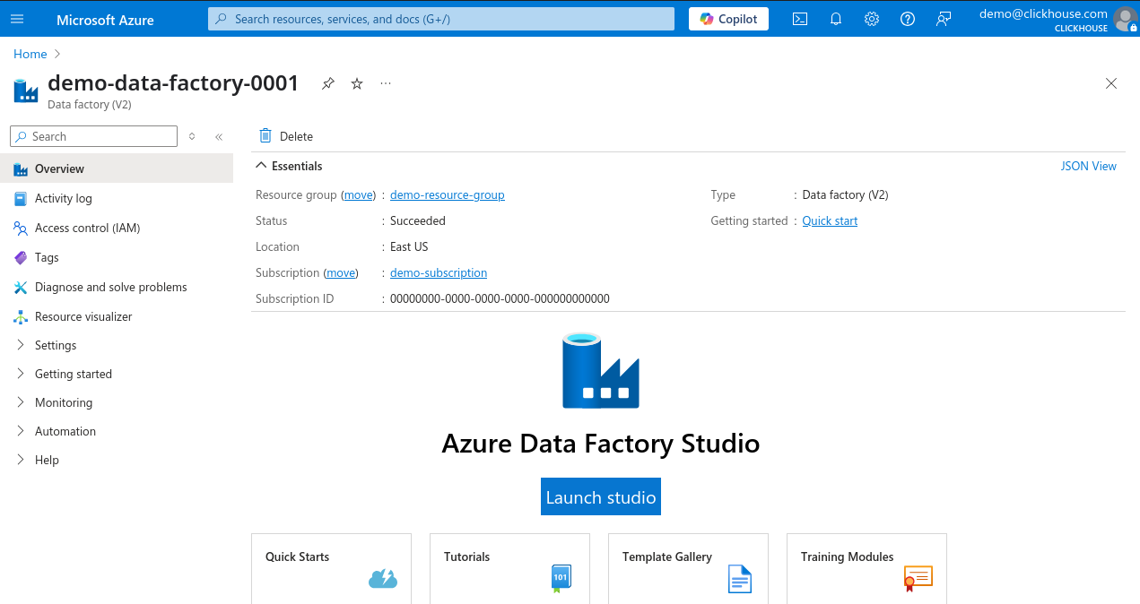 Страница Data Factory на Портале Azure