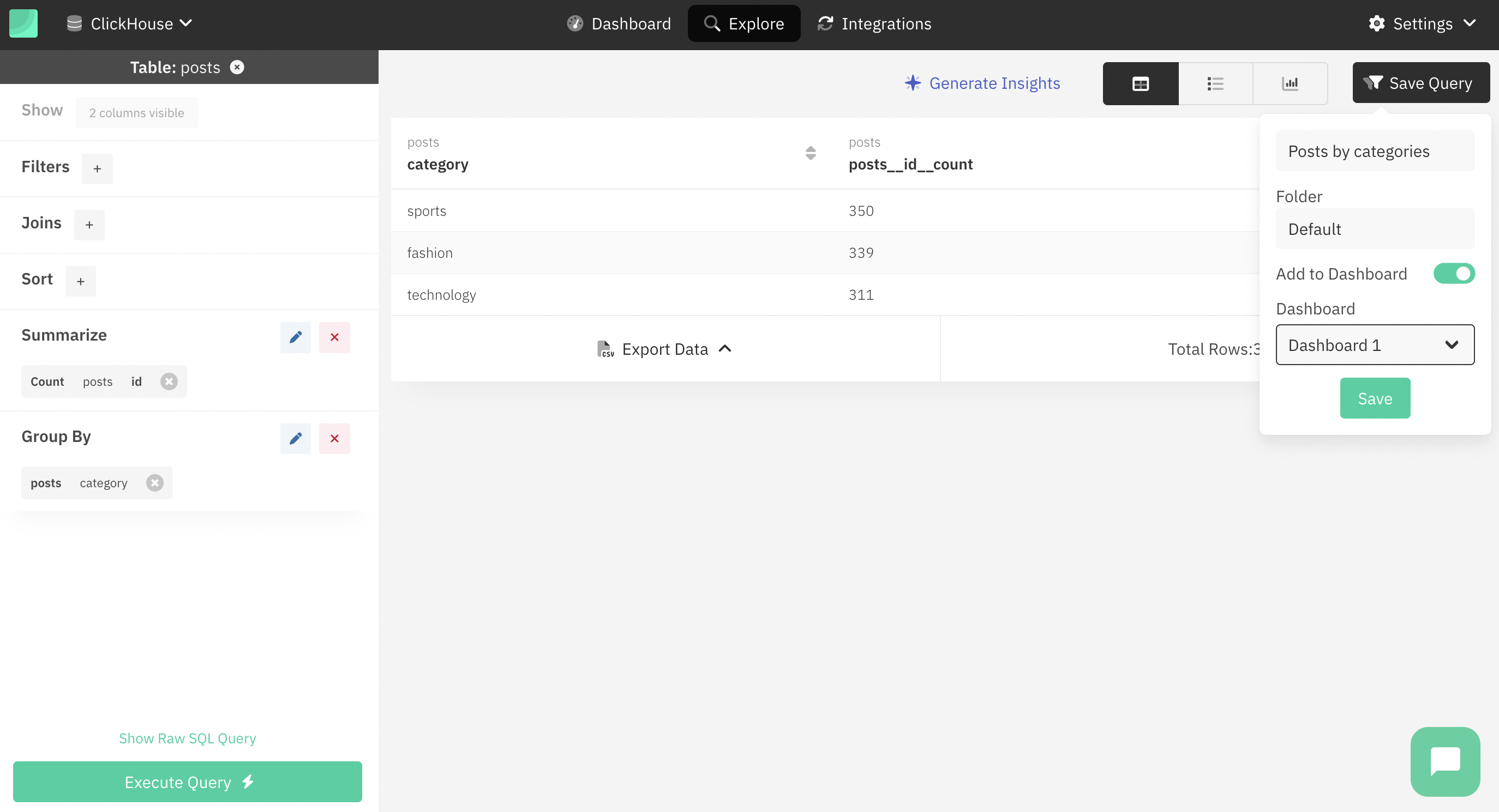 Диалоговое окно сохранения запроса Draxlr с опциями для панели управления