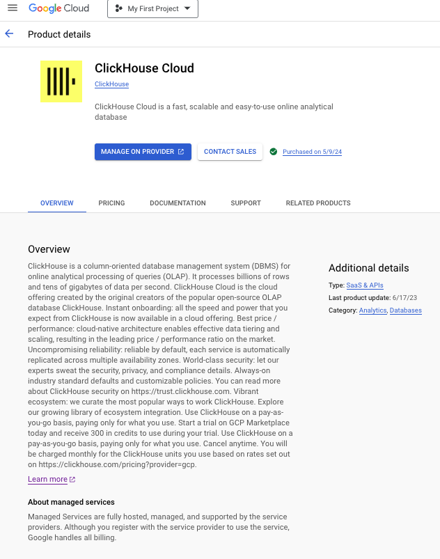 Страница ClickHouse Cloud на GCP Marketplace