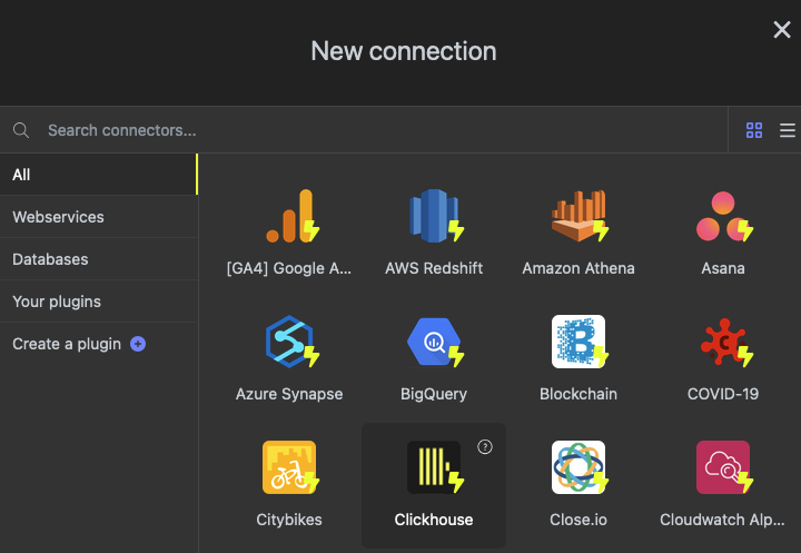 Интерфейс Luzmo, показывающий диалог создания нового подключения с выбранным ClickHouse