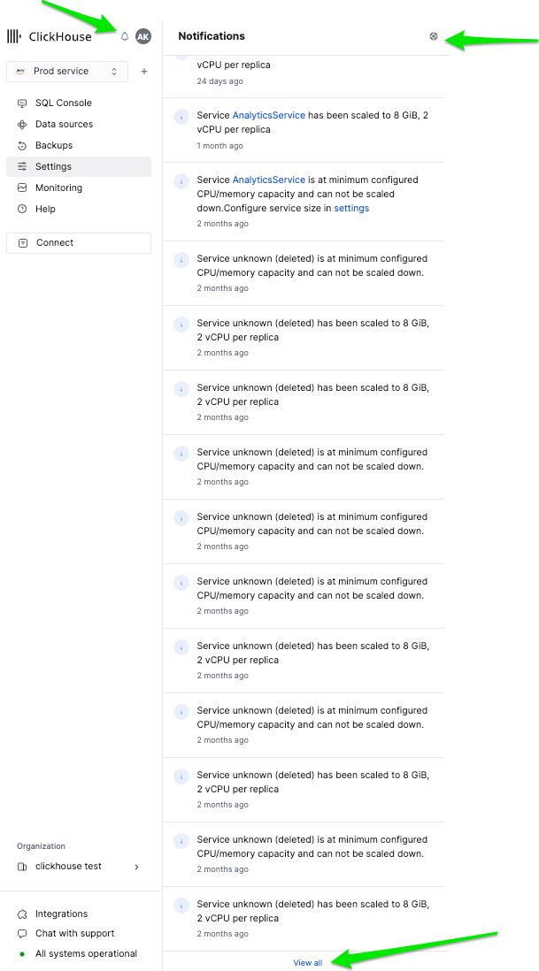 Всплывающее окно уведомлений ClickHouse Cloud