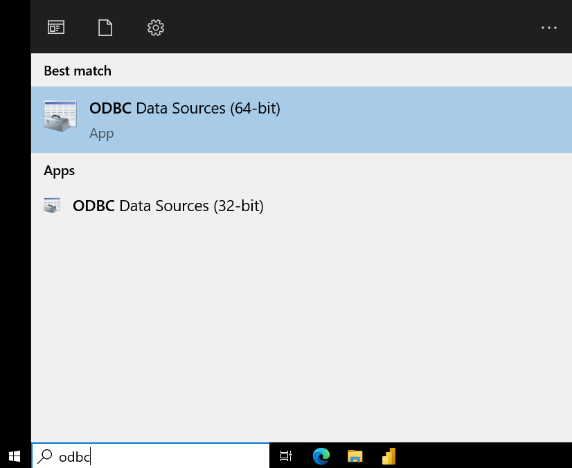 Поиск Windows, показывающий вариант ODBC Data Sources (64-bit)