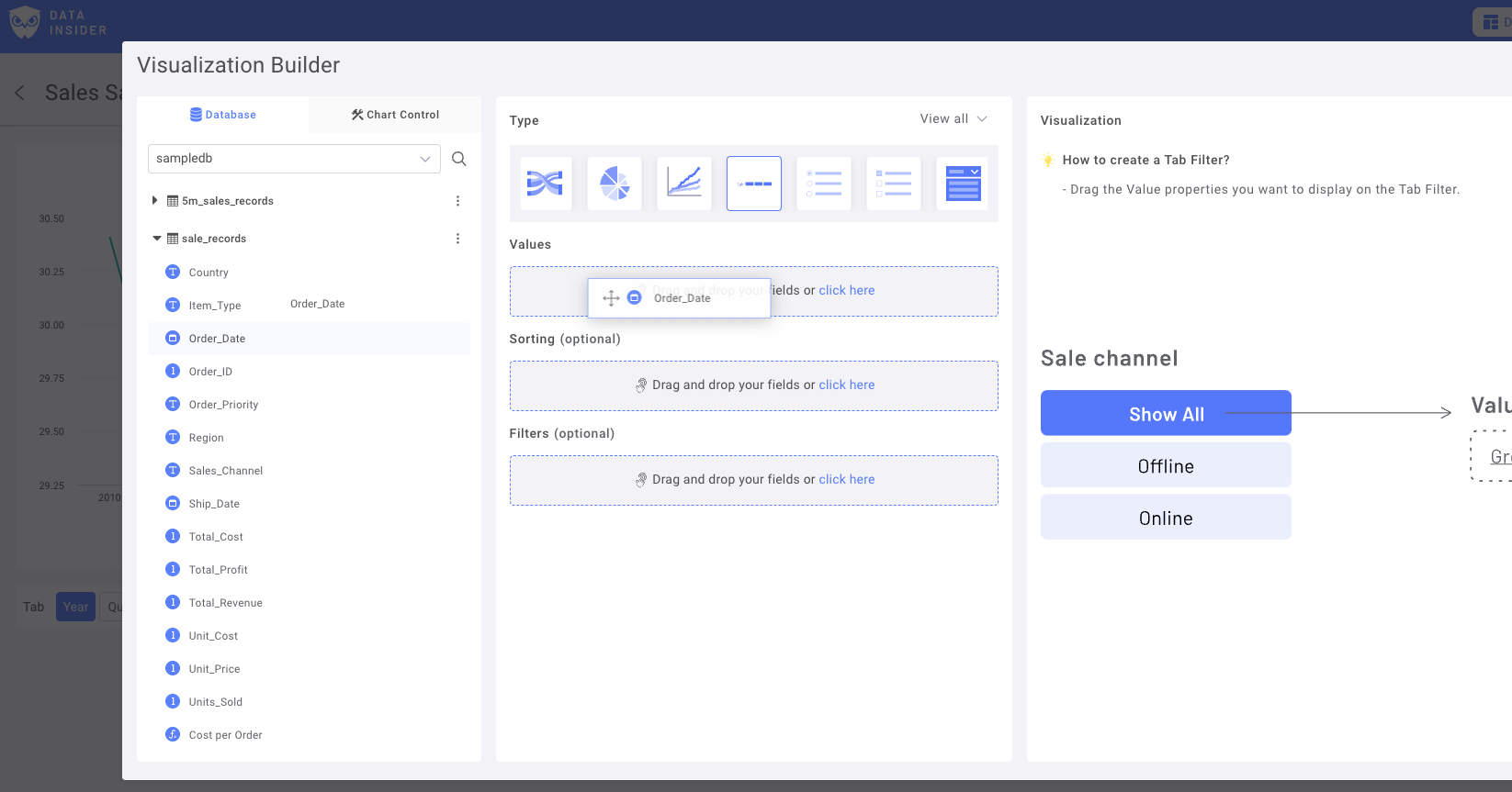 Интерфейс выбора поля даты в Rocket BI, показывающий доступные колонки даты