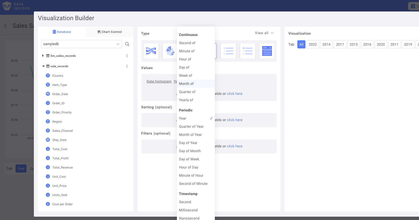 Конфигурация диапазона даты, показывающая различные варианты временных периодов, такие как год, месяц и день