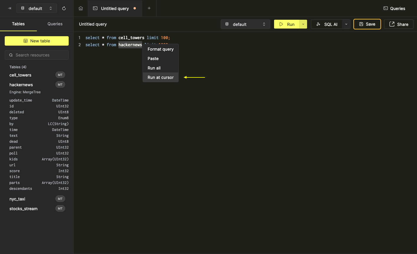 выполнить на курсоре