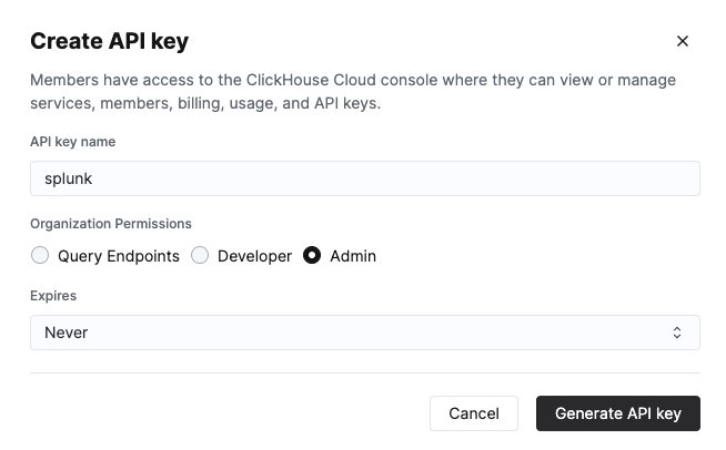 Консоль ClickHouse Cloud, показывающая интерфейс создания ключа API с выделенными правами Admin