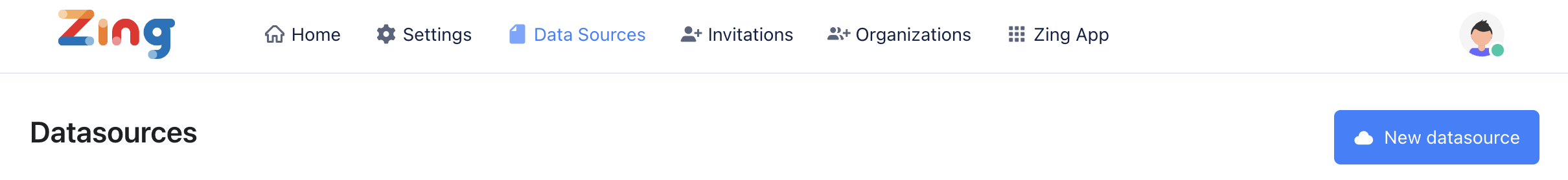 Интерфейс Zing Data показывает кнопку Нового источника данных и опцию ClickHouse в выпадающем меню