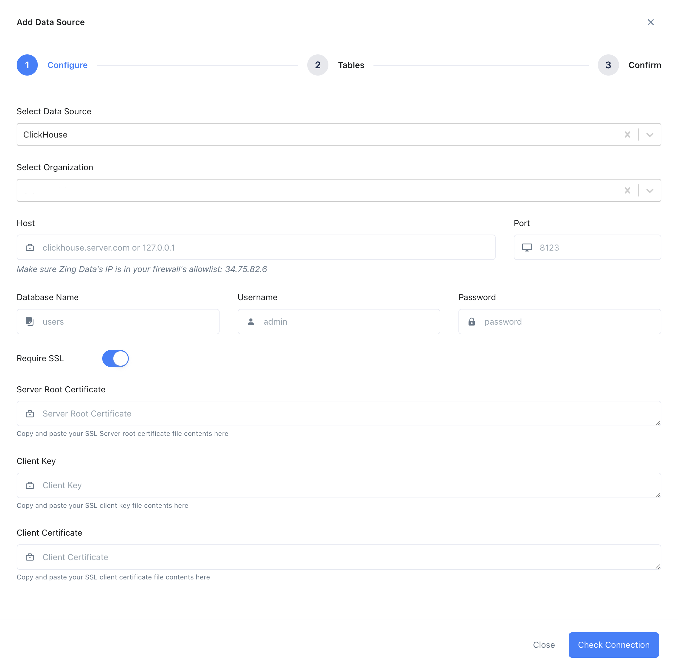 Форма конфигурации соединения ClickHouse в Zing Data с полями для сервера, порта, базы данных, имени пользователя и пароля