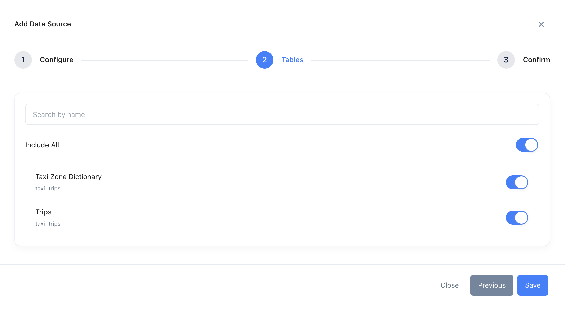 Интерфейс выбора таблиц Zing Data показывает доступные таблицы ClickHouse с флажками
